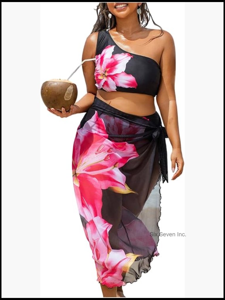 Plus Size High Waisted One Shoulder Bikini Set With Wrap Skirt Cover Up